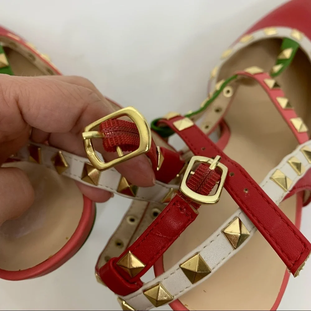 Wild Diva Lounge Red Pink Green White Colorblock Gold Studded T-Strap High Heels